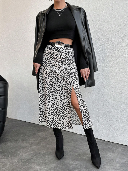 Frenchy Leopard Print High Slit Skirt