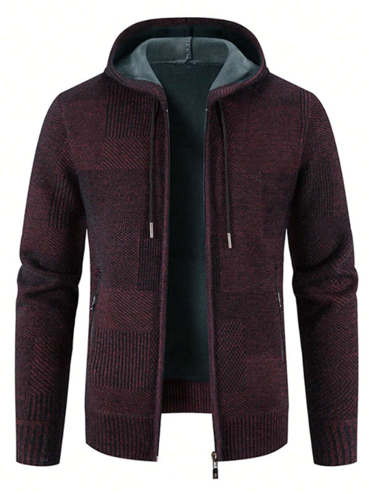 Men's Thickened Fleece Zipper Front Knitted Slim Jacket With Pockets And Hood, Warm Winter Coat