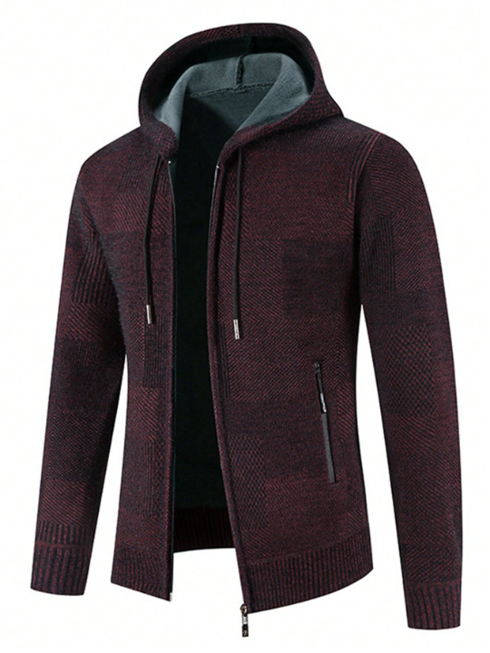 Men's Thickened Fleece Zipper Front Knitted Slim Jacket With Pockets And Hood, Warm Winter Coat