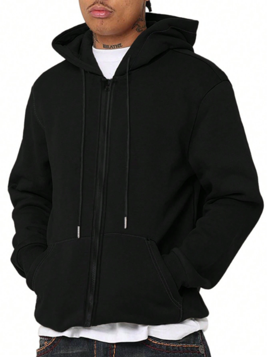 Men's Solid Color Hoodie With Zipper Closure And Drawstring