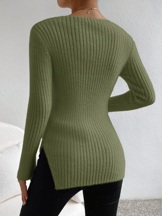 Frenchy Women'S Solid Color Long Sleeve Ribbed Sweater With Stitching Details