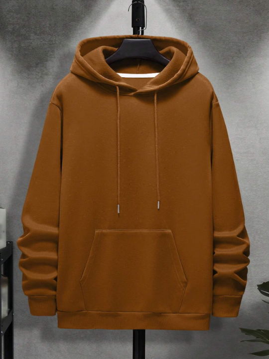 Men's Solid Color Hooded Long Sleeve Pullover Sweatshirt With Drawstring