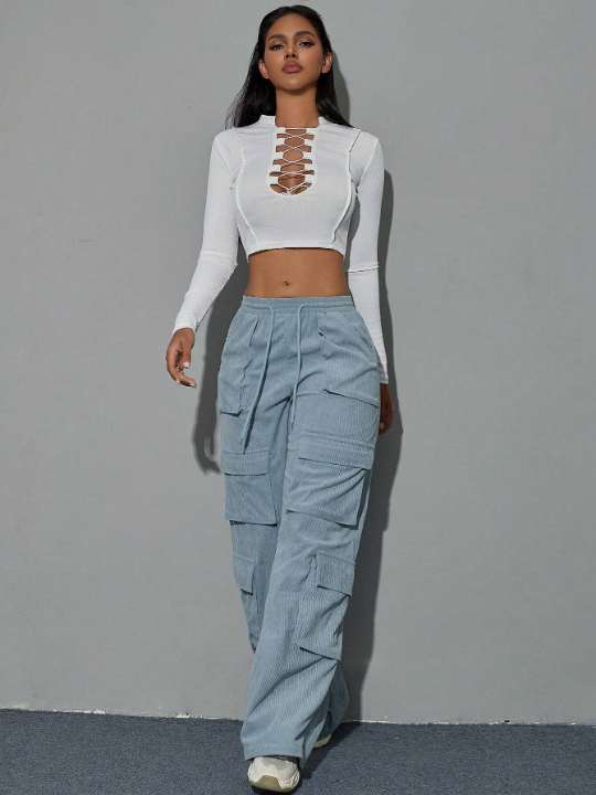 Y2K Flap Pocket Drawstring Waist  Wide Leg Hip Hop Cargo Corduroy Pants