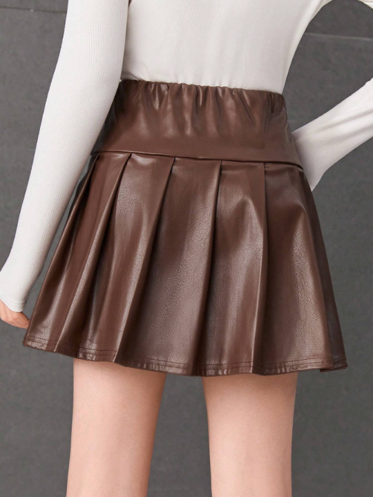 Female Teenagers' Woven Solid Color Pu Leather College Style Pleated Skirt