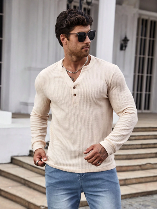 Manfinity Homme Men Notched Collar Waffle Knit Long Sleeve T-Shirt