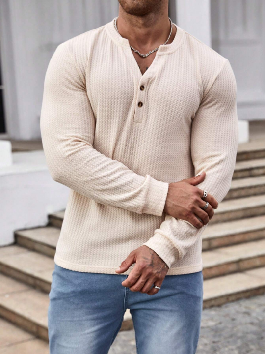 Manfinity Homme Men Notched Collar Waffle Knit Long Sleeve T-Shirt