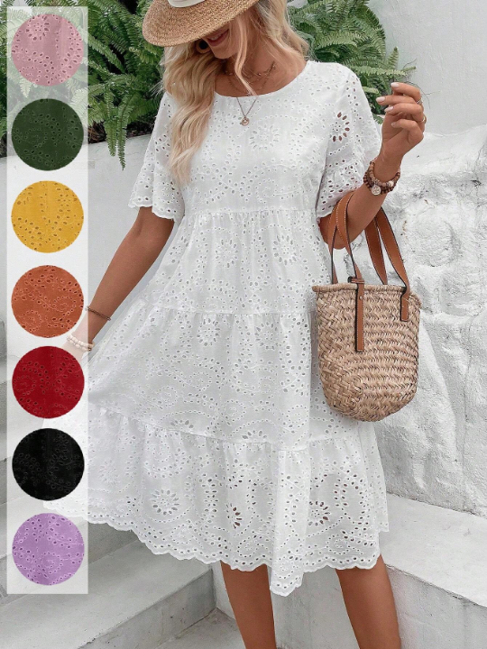 VCAY Eyelet Embroidery Ruffle Hem Smock Dress