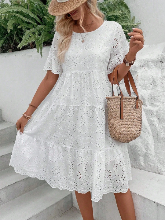 VCAY Eyelet Embroidery Ruffle Hem Dress Without Belt