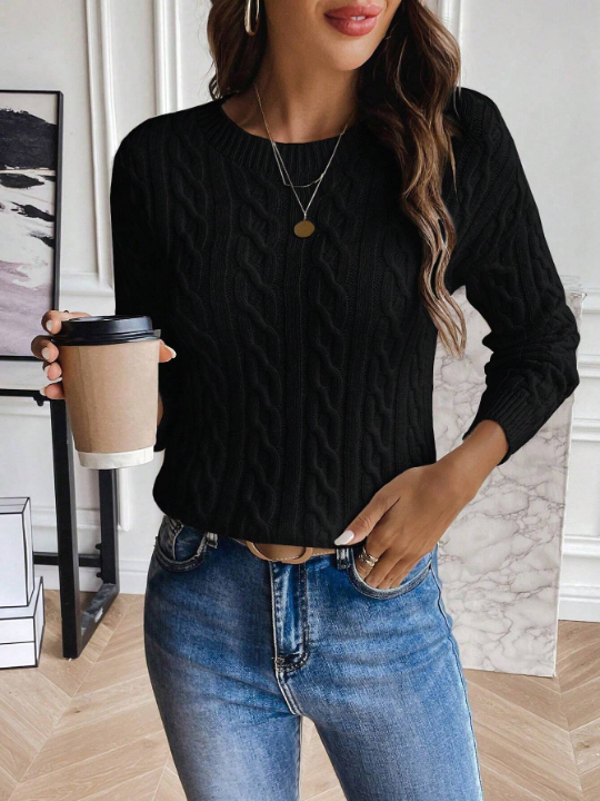 Frenchy Solid Color Cable Knit Sweater Pullover