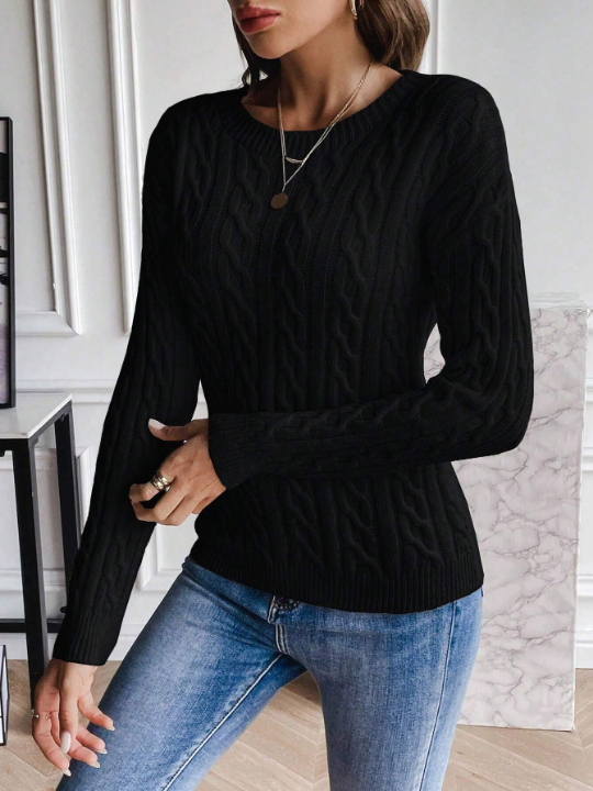 Frenchy Solid Color Cable Knit Sweater Pullover