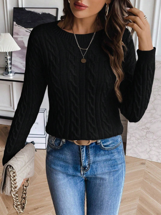 Frenchy Solid Color Cable Knit Sweater Pullover