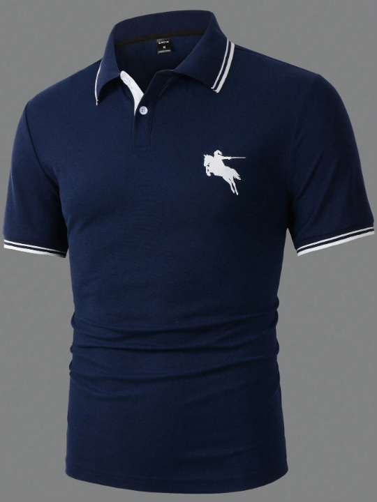 Manfinity Men's Navy Blue Colorblock Polo Shirt With Contrast Trim