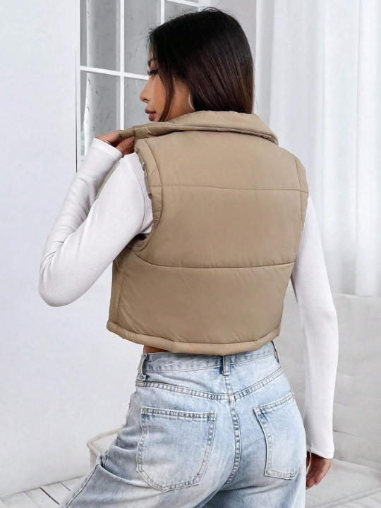 PETITE Short Solid Color Stand Collar Sleeveless Padded Jacket