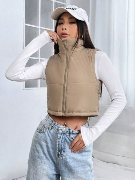 PETITE Short Solid Color Stand Collar Sleeveless Padded Jacket