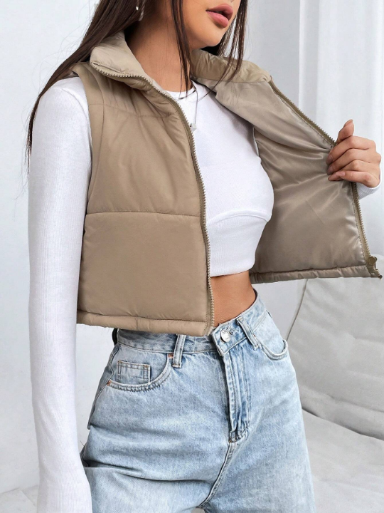 PETITE Short Solid Color Stand Collar Sleeveless Padded Jacket