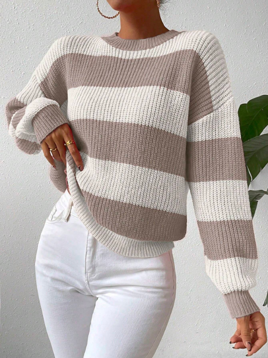 Essnce Striped Contrast Color Drop Shoulder Sweater Pullover