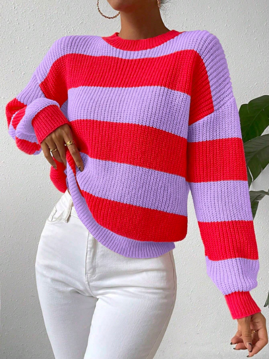 Essnce Color-contrast Striped Drop Shoulder Sweater