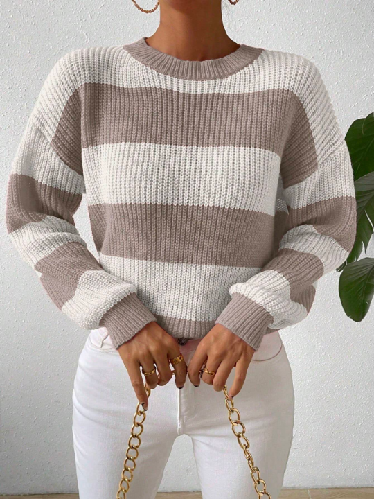 Essnce Striped Contrast Color Drop Shoulder Sweater Pullover