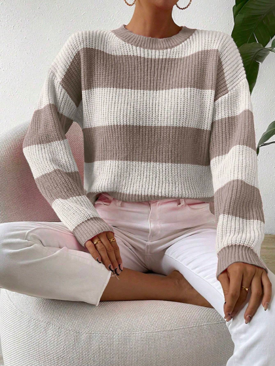 Essnce Striped Contrast Color Drop Shoulder Sweater Pullover