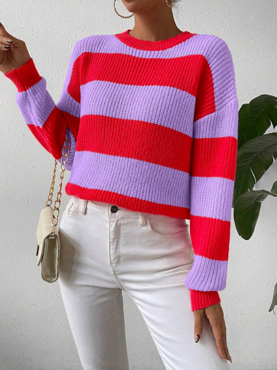 Essnce Color-contrast Striped Drop Shoulder Sweater