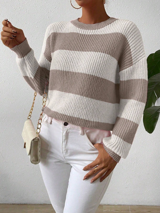 Essnce Striped Contrast Color Drop Shoulder Sweater Pullover