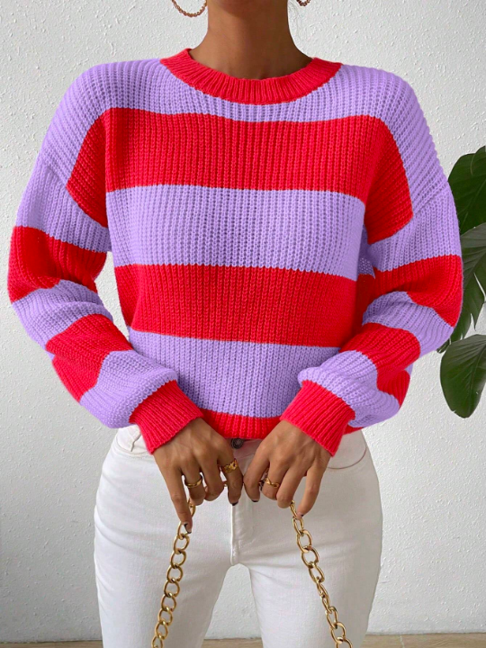 Essnce Color-contrast Striped Drop Shoulder Sweater