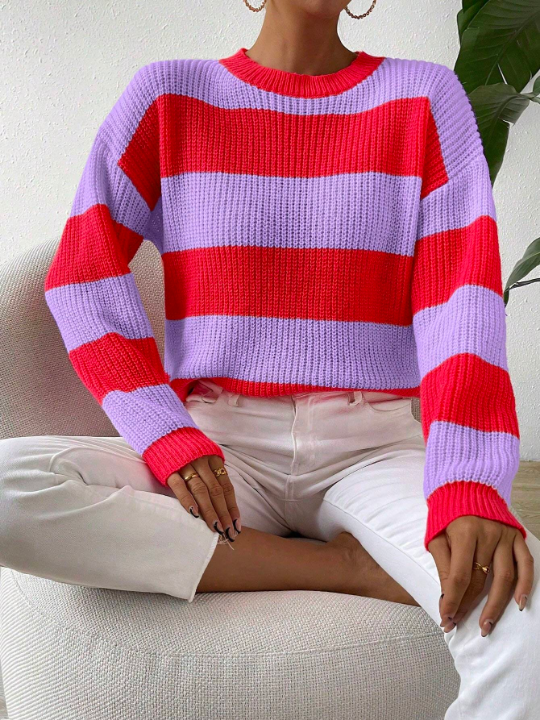 Essnce Color-contrast Striped Drop Shoulder Sweater