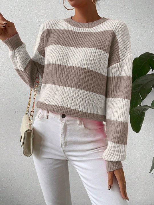 Essnce Striped Contrast Color Drop Shoulder Sweater Pullover