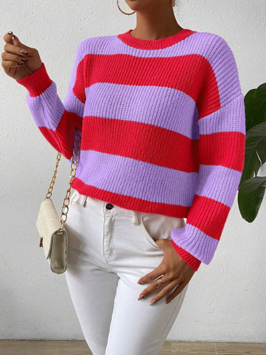 Essnce Color-contrast Striped Drop Shoulder Sweater