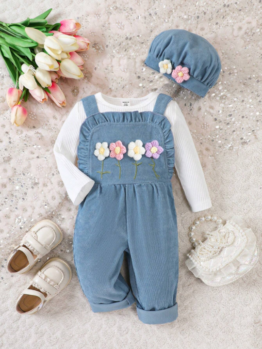 Baby Girl Floral Patched Ruffle Trim Overall Jumpsuit & Hat Without Tee