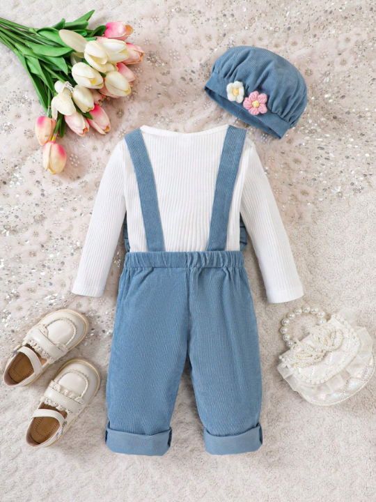 Baby Girl Floral Patched Ruffle Trim Overall Jumpsuit & Hat Without Tee