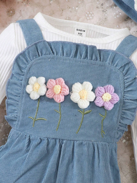 Baby Girl Floral Patched Ruffle Trim Overall Jumpsuit & Hat Without Tee