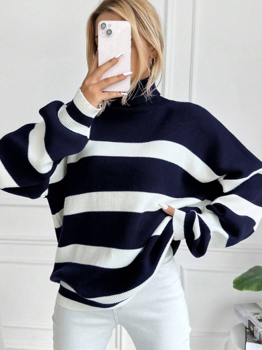 Striped Pattern High Collar Loose Sweater