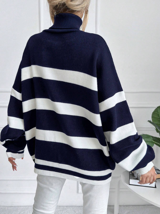 Striped Pattern High Collar Loose Sweater