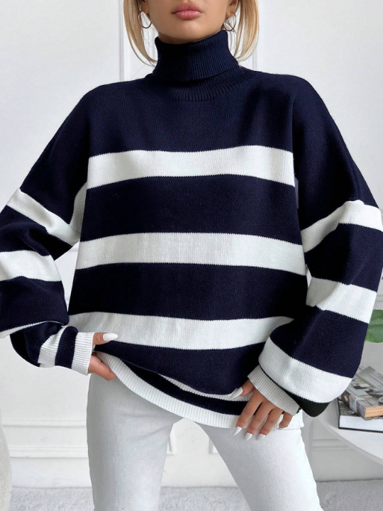 Striped Pattern High Collar Loose Sweater