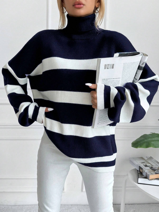 Striped Pattern High Collar Loose Sweater