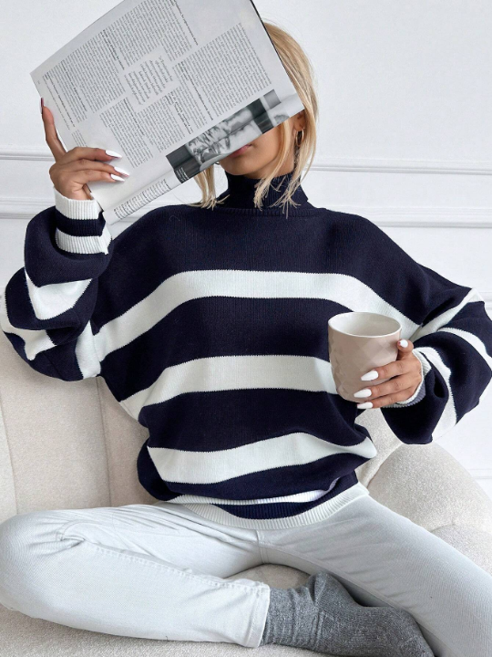 Striped Pattern High Collar Loose Sweater