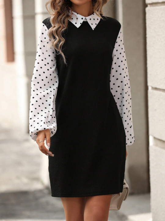 Patchwork Polka Dot Printed Lantern Sleeve Dress