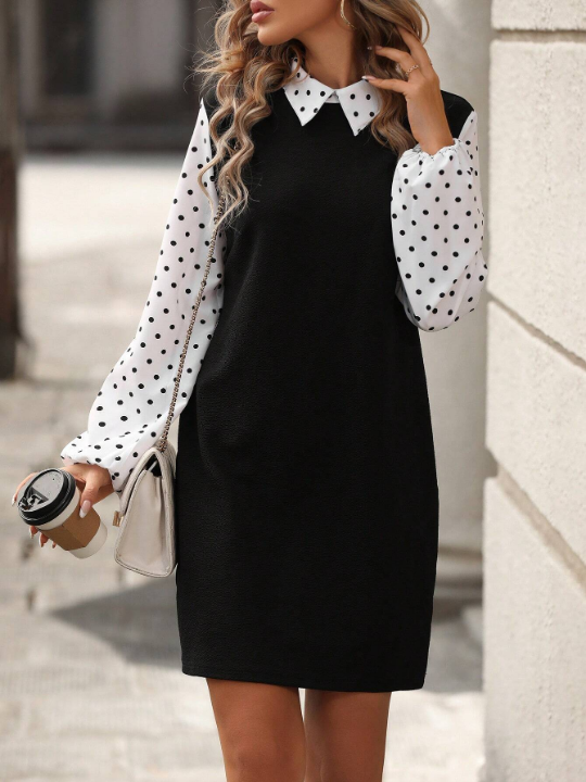 Patchwork Polka Dot Printed Lantern Sleeve Dress