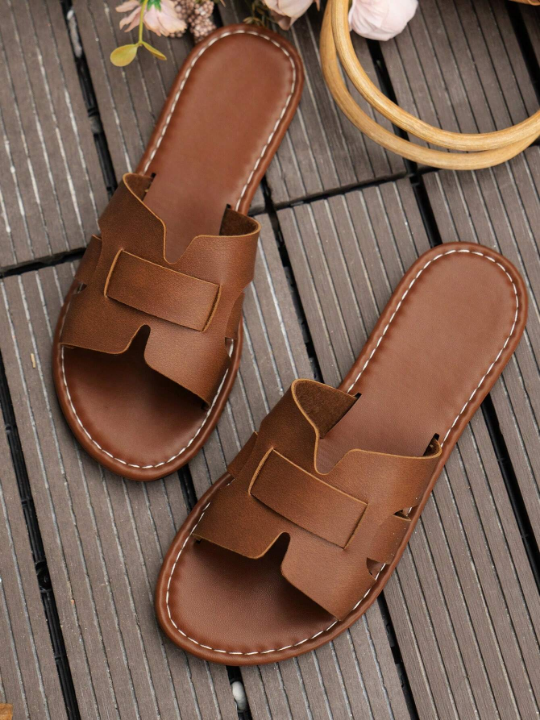 Korean Style Casual Flat Slippers For Women, Summer, Open Toe, Woven Roman Style, Fashionable & Comfortable For Beach, Apartment, Brown Color, Size Available For Women