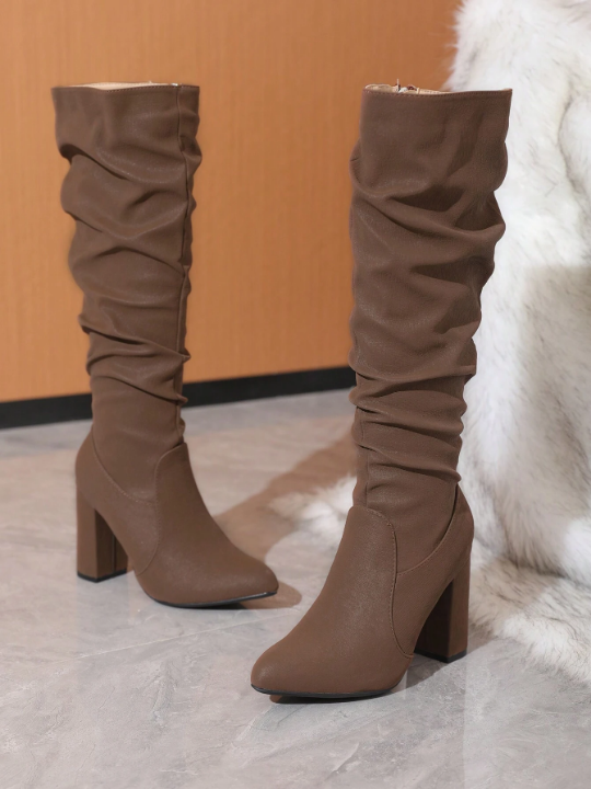 Women's Brown Over-the-knee High Boots, Random Creases & Folds Design, Chunky Heel And Round Toe