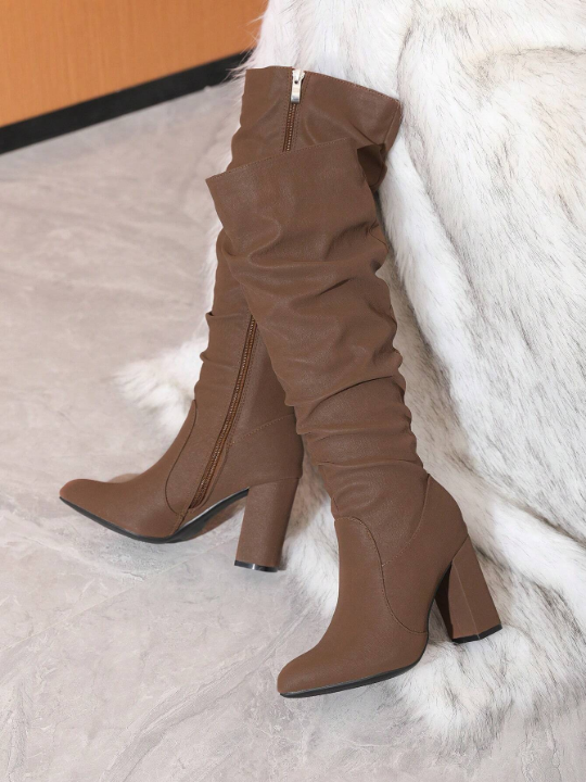 Women's Brown Over-the-knee High Boots, Random Creases & Folds Design, Chunky Heel And Round Toe