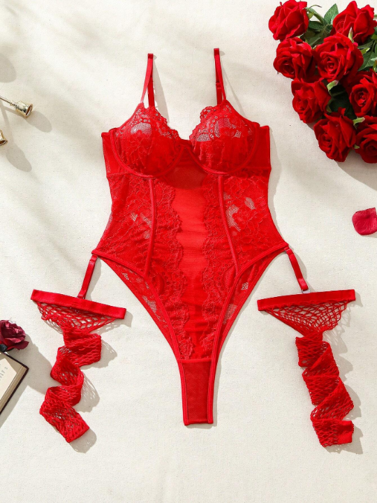 Classic Sexy Women's Sexy Lace Bodysuit With Garter Belt Over-Knee Thigh High Stockings