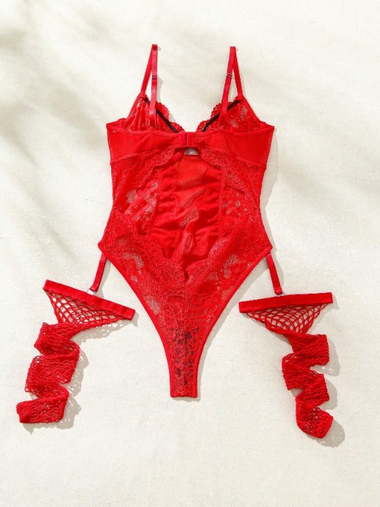 Classic Sexy Women's Sexy Lace Bodysuit With Garter Belt Over-Knee Thigh High Stockings