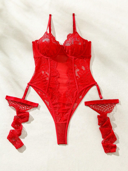 Classic Sexy Women's Sexy Lace Bodysuit With Garter Belt Over-Knee Thigh High Stockings