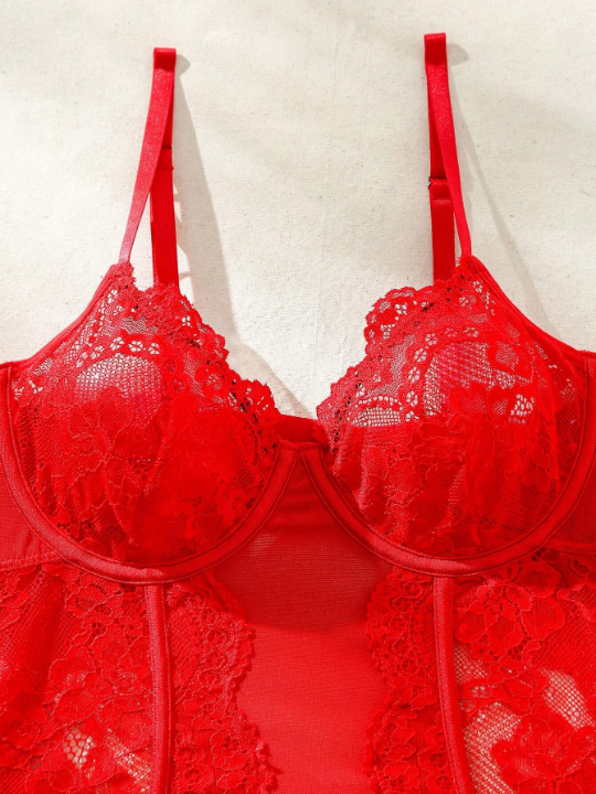 Classic Sexy Women's Sexy Lace Bodysuit With Garter Belt Over-Knee Thigh High Stockings