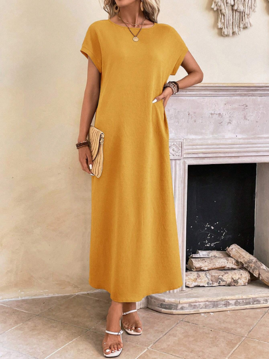 EMERY ROSE Ladies' Long Spring Yellow Round Neck Batwing Sleeve Dress