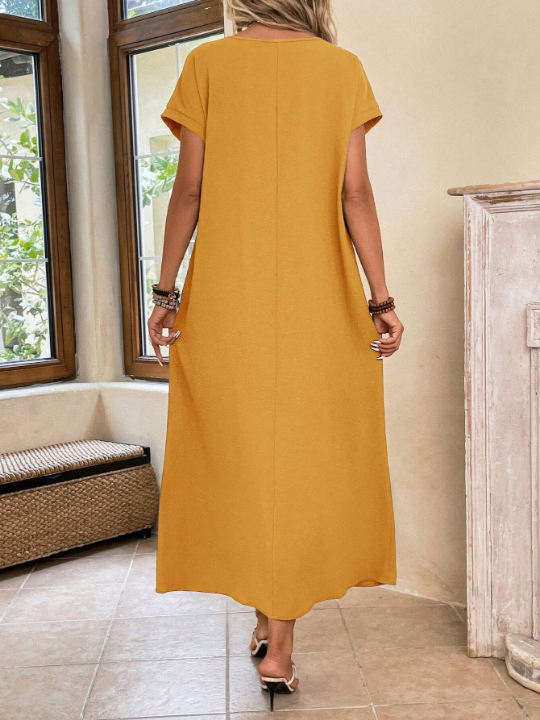 EMERY ROSE Ladies' Long Spring Yellow Round Neck Batwing Sleeve Dress