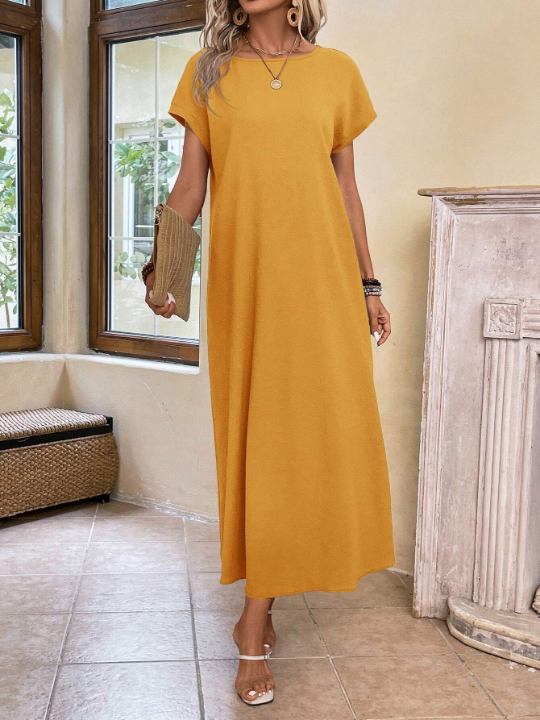 EMERY ROSE Ladies' Long Spring Yellow Round Neck Batwing Sleeve Dress