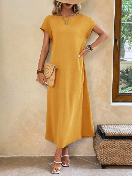 EMERY ROSE Ladies' Long Spring Yellow Round Neck Batwing Sleeve Dress